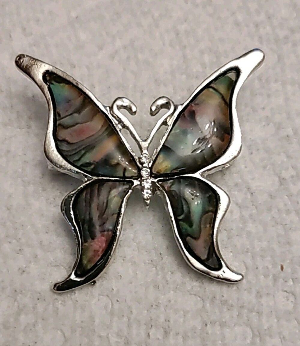Abalone Style Butterfly Silver Tone Brooch 1.5" X 1.5"